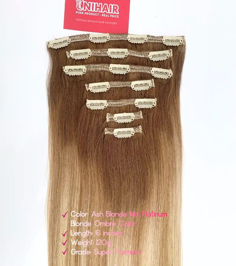 Straight Fabric Clip-In Hair Extensions – Ash Blonde Mix Platinum Blonde Ombre 16 Inches 120g | Raw Vietnamese Hair 2 Straight Fabric Clip-In Hair Extensions – Ash Blonde Mix Platinum Blonde Ombre