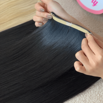 Alternative view of Long Tape In Hair Extensions with Natural Black Color Straight Hair