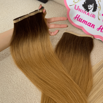 Alternative view of Long Tape In Hair Extensions with Ombre #27 Color Straight Hair