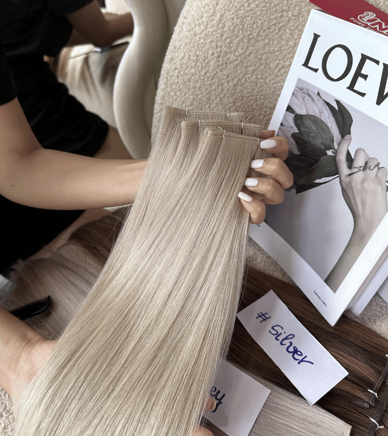 Genius Weft Human Hair Extensions with Silver Color Straight Hair