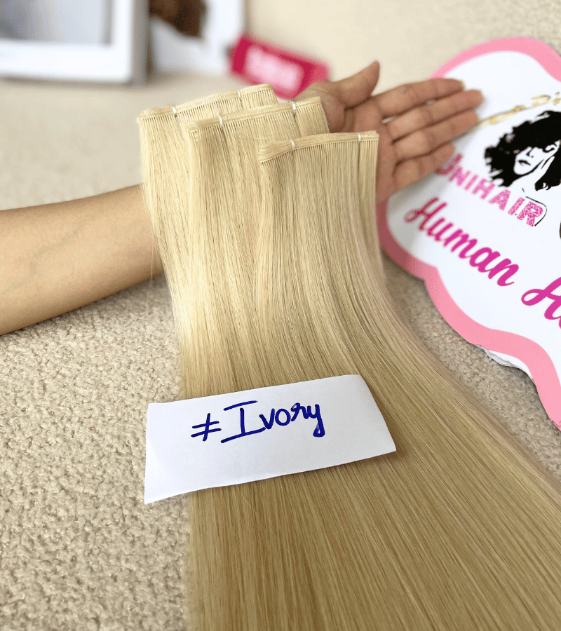 Genius Weft Human Hair Extensions with Ivory Color Straight Hair