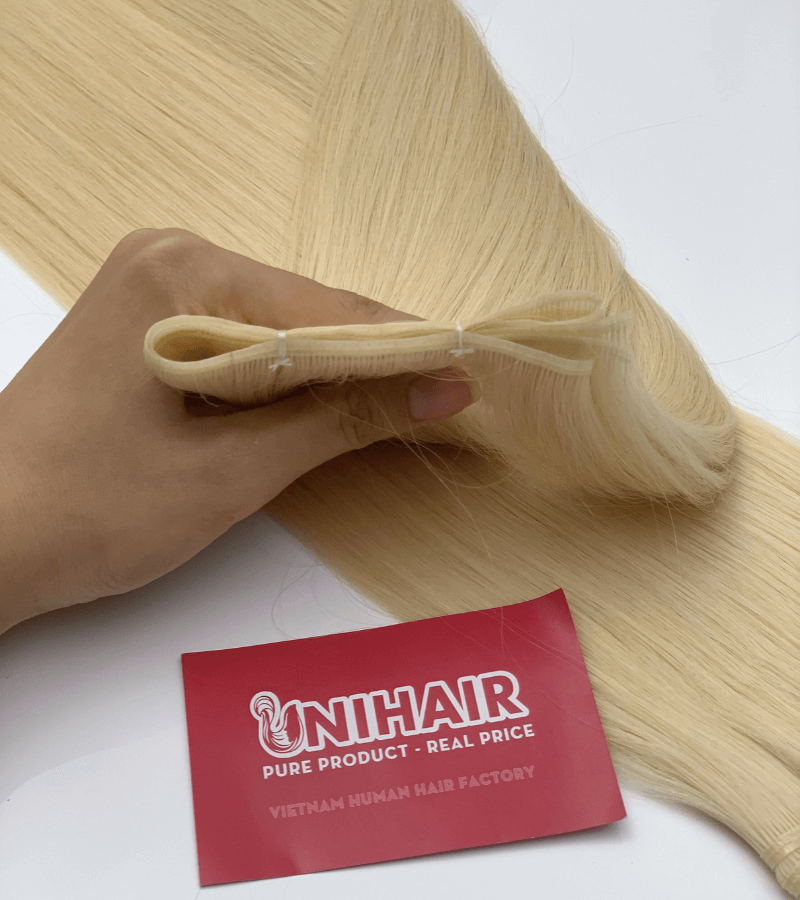 Genius Weft Human Hair Extensions with Platinum Blonde Sew Color Straight Hair