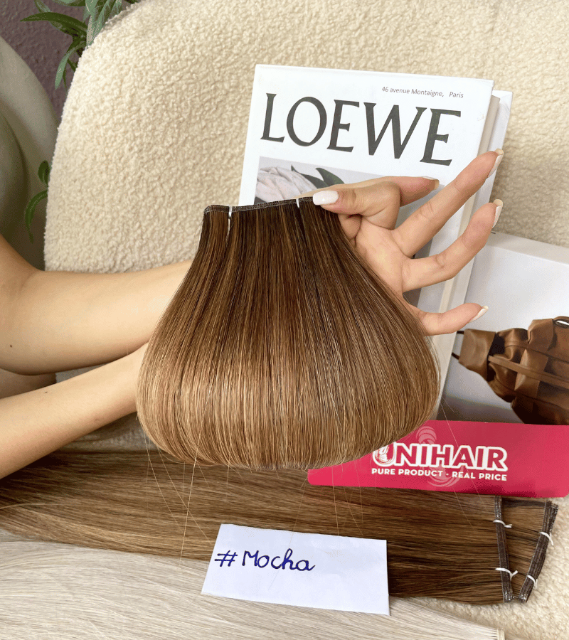 Genius Weft Human Hair Extensions with Mocha Color Straight Hair
