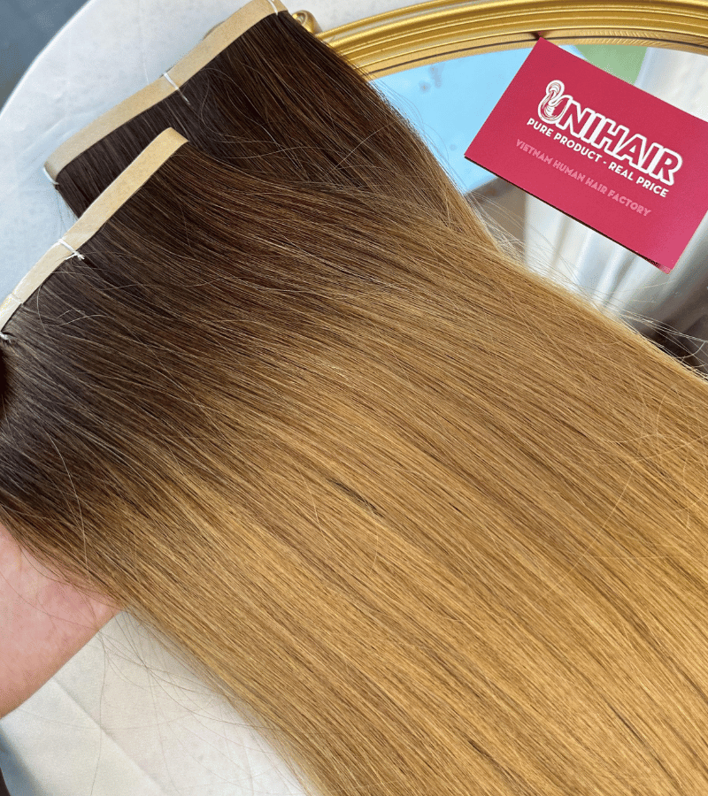 Long Tape In Hair Extensions with Ombre #27 Color Straight Hair