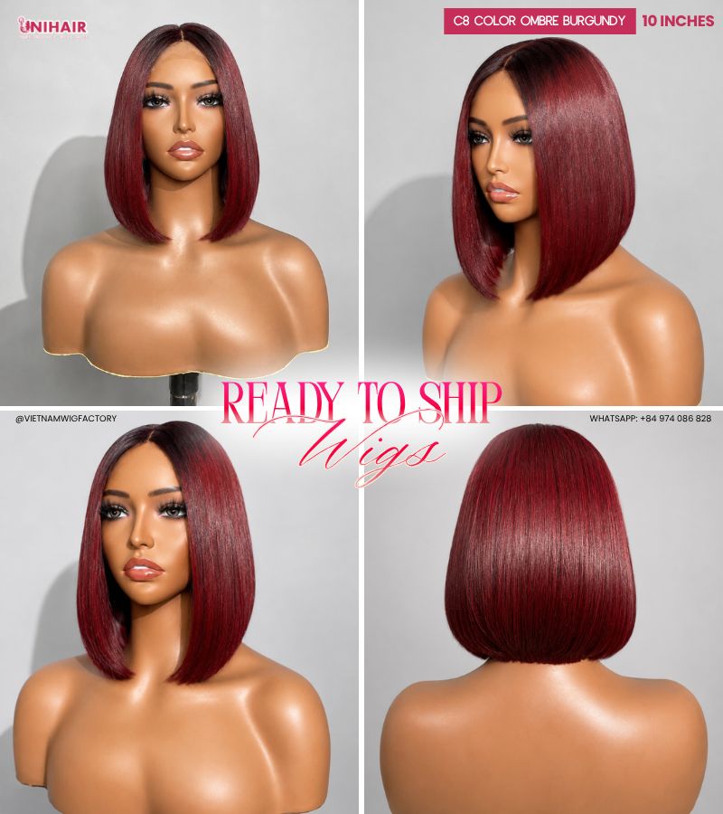Closure Wig - 2x4 Bone Straight Ombre Burgundy C8 Color 10 inches