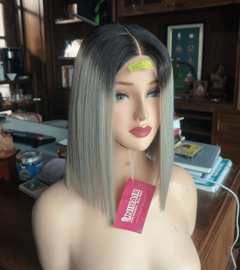 Ombre Black Grey Color 2x6 Lace Closure Bob Wigs Bone Straight Human Hair