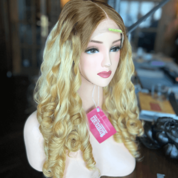 ombre blonde color 5x5 lace closure wigs bouncy curly human hair