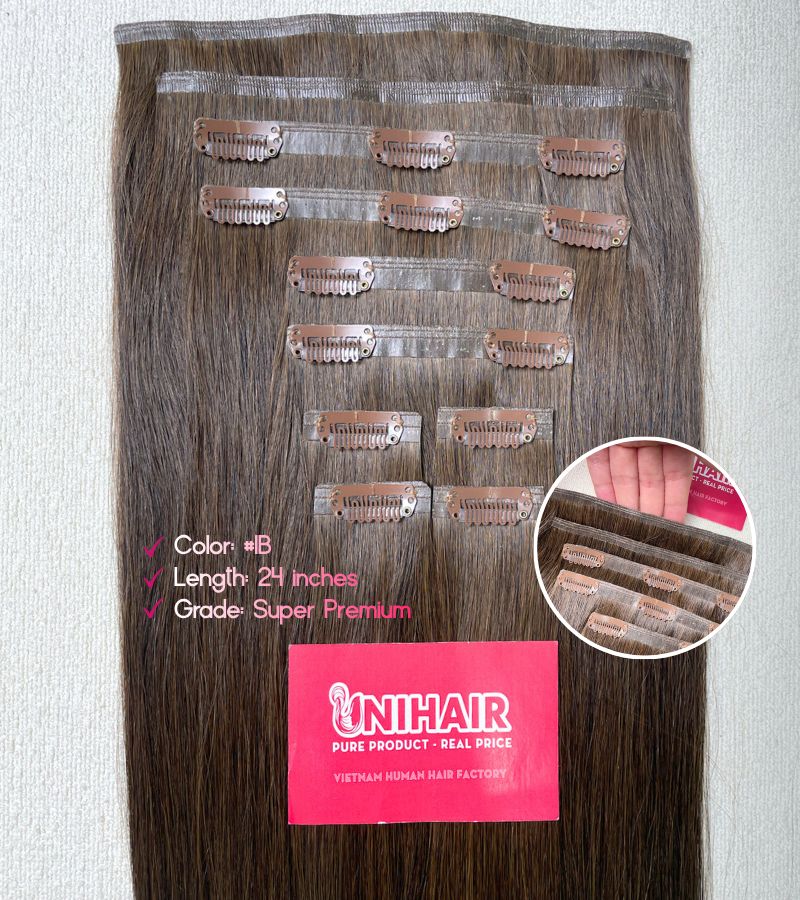 Seamless Clip-In Hair Extensions 24 Inch #1B Color 200g Full Set Super Premium 2 Seamless Clip-In Hair Extensions 24 Inch