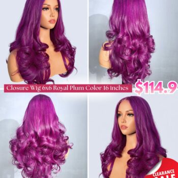 Royal Plum Wavy Closure Wig 16 Inches
